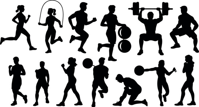 Collection of diverse fitness silhouettes of men and women exercising running jumping rope weightlifting for health and wellness with exercise