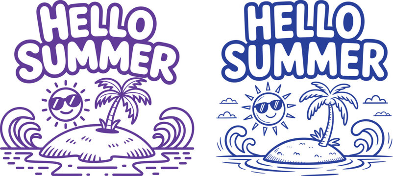 Hello summer greeting card illustration with a tropical island palm tree smiling sun ocean waves in a playful cartoon style tropical vacation