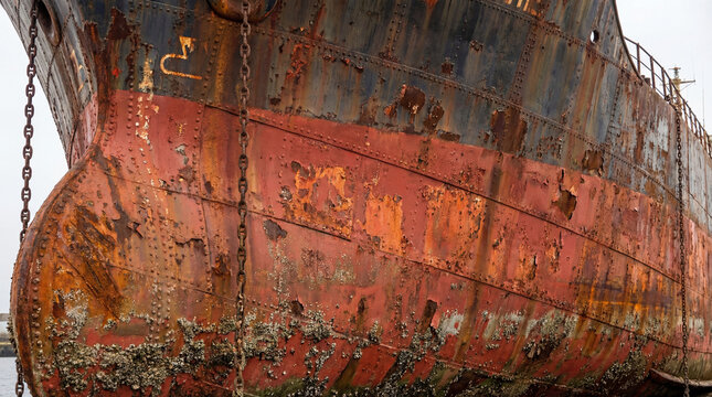 Rusty abandoned ship hull corroded metal decay barnacle old weathered