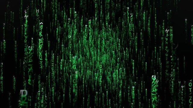 Glowing green digital characters cascade down a dark screen with deep three dimensional perspective. Concept of virtual reality programming and complex computer network data processing.