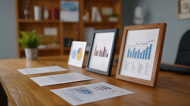 A rustic wooden desk surface features various framed documents and objects creating a professional and organized workspace backdrop