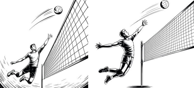 Black and white vector illustrations of volleyball players serving and spiking with line art volleyball competition recreation athletic challenge