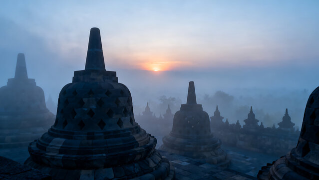 Borobudur Temple Sunrise In Fog