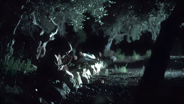 Jesus praying near the boundary of the Garden of Olives as the main subject, disciples resting behind him while the boundary suggests the threshold between private prayer and public sacrifice, night g