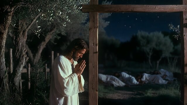 Jesus praying near a simple garden gate as the main subject, disciples resting behind him in the olive grove while the gate symbolizes passage from private prayer toward public sacrifice, night garden