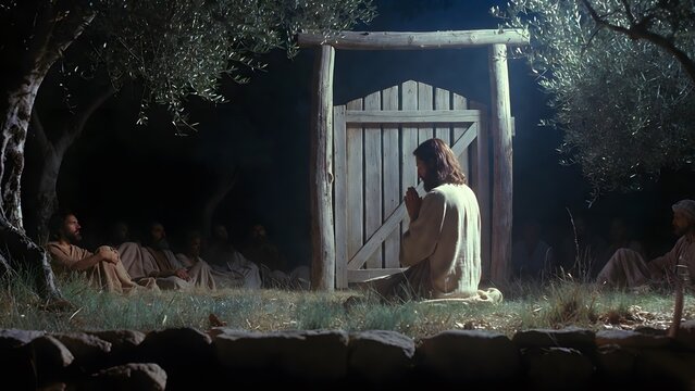 Jesus praying near a simple garden gate as the main subject, disciples resting behind him in the olive grove while the gate symbolizes passage from private prayer toward public sacrifice, night garden