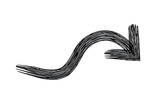 Hand drawn black curved arrow pointing down vector illustration