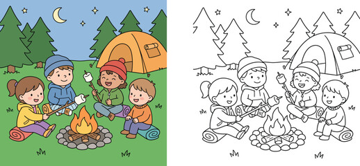 Fototapeta premium Kids camping and roasting marshmallows around campfire coloring book page vector illustration for children's outdoor leisure activities at night with tent and forest landscape.