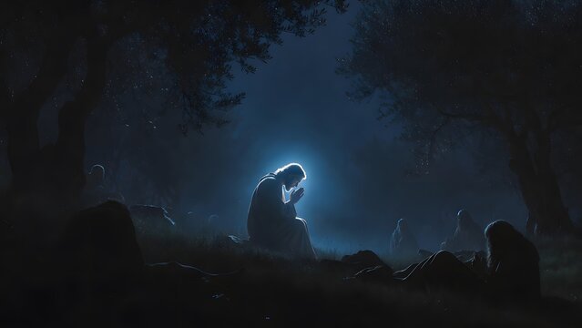Jesus praying in the visual center of the Garden of Olives as the main subject, disciples resting at the margins of the scene to emphasize his unique role in the redemptive journey, nocturnal grove wi