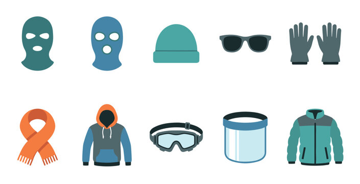 Diverse collection of winter clothing and protective gear items, featuring balaclavas, beanies, gloves, scarves, goggles, and warm jackets.