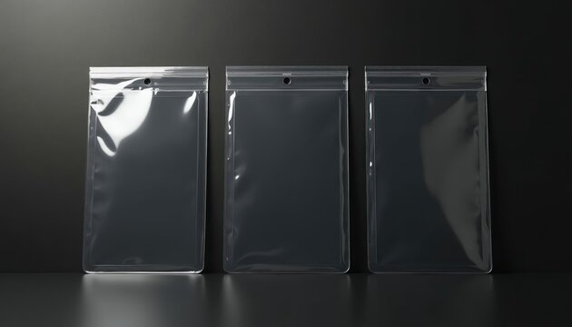 Three clear plastic zipper pouches with holes arranged on a dark background. These empty transparent sleeves offer space for inserting items. Suitable for organization or display.
