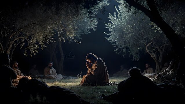 Jesus praying in the visual center of the Garden of Olives as the main subject, disciples resting at the margins of the scene to emphasize his unique role in the redemptive journey, nocturnal grove wi