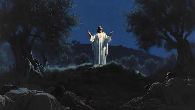 Jesus praying in intercession on an olive hill as the main subject, disciples resting below and around him to emphasize spiritual responsibility, redemptive love, and human limitation, hillside Garden