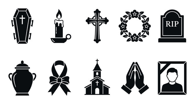 Funeral mourning remembrance icons collection featuring various symbols like coffin, cross, candle, wreath, and tombstone, representing loss and memorial services.
