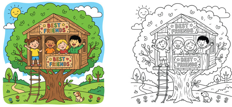 Children Playing in a Wooden Treehouse with Best Friends Sign Coloring Page and Color Illustration Set Featuring Diverse Kids, Puppy, and Sunny Garden Landscape for Kids Activity (187 characters)