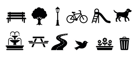 Obraz premium Set of park and outdoor activity icons illustrating common recreational and natural elements found in public parks and green spaces.