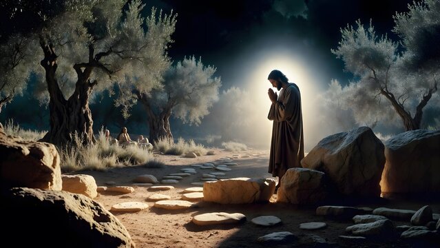 Jesus praying beside the first visible stones of a garden path as the main subject, disciples resting in the nearby olive grove while the stones imply the beginning of the salvation journey ahead, noc