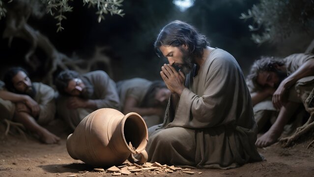 Jesus praying beside a broken clay jar as the main subject, his disciples resting nearby while the jar becomes a symbol of human weakness, surrender, and grace entering the salvation story, secluded G