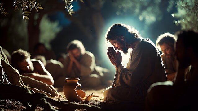 Jesus praying beside a broken clay jar as the main subject, his disciples resting nearby while the jar becomes a symbol of human weakness, surrender, and grace entering the salvation story, secluded G