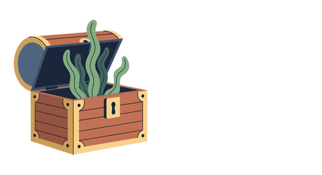 Open treasure chest with green plants.