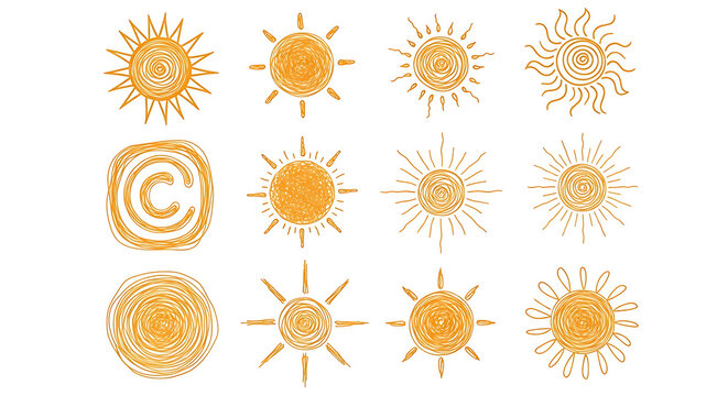 Detailed hand drawn sun icon set with collection creative illustration sunshine