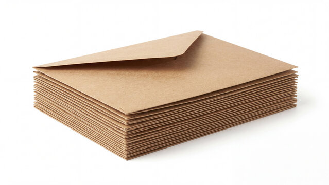 A stack of kraft brown envelopes, perfect for mail or invitations, isolated on white background