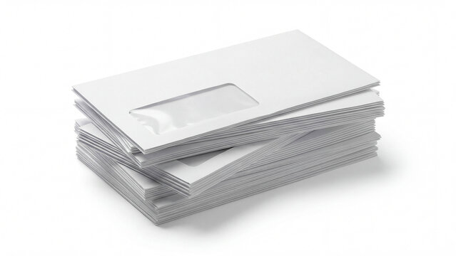 Clean stack of white window envelopes, ideal for bulk mail and invoices, isolated on white background