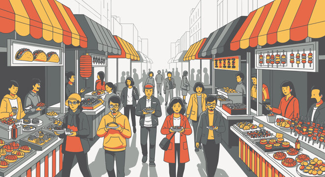 People walking through a street food market with various stalls