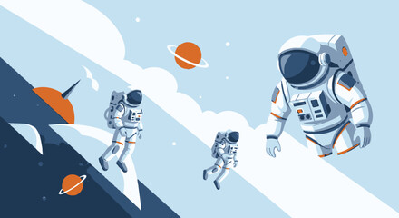 Astronauts exploring space vector illustration with planets and galaxy elements © Gunting