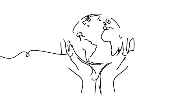 Animation of line drawing of globe wrapped by protective hands symbolizing global human rights advocacy.