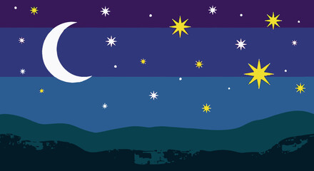 Fototapeta premium Night sky illustration with crescent moon and stars against colorful background