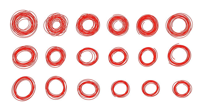 Set of hand drawn scribble circles in red ink textures with scribble collection creative abstract