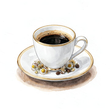 Luxury Espresso Cup Watercolor Illustration 
Italian Cafe Demitasse Coffee Beans Chamomile