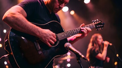Obraz premium Male musician playing acoustic guitar on stage with female singer in background