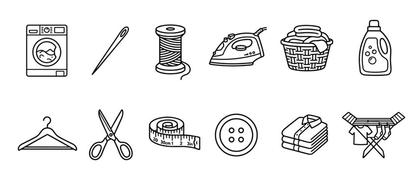 Laundry and sewing icons set featuring various household items for garment care, mending, and textile maintenance in a clean outline style.