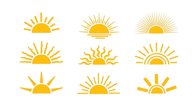 Set of nine hand-drawn sun icons and rising sun illustrations with sketches abstract collection