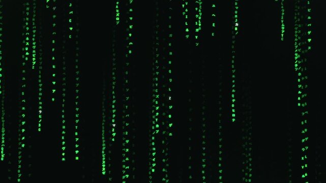 Green alphanumeric and Japanese katakana characters move from the top to the bottom. Glowing green symbols create a vertical scrolling pattern on a solid black background.