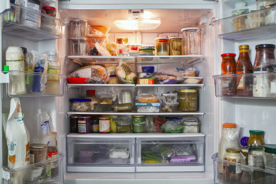 Wide front view of an open, fully stocked refrigerator showing multiple shelves packed with containers, jars, plastic bags, condiments, dairy, and fresh produce in the door compartments.