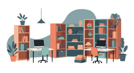 Office Workspace with Desks and Bookshelves. © Misbahus