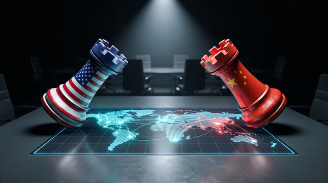 Tilting US and China chess rooks on glowing digital world map