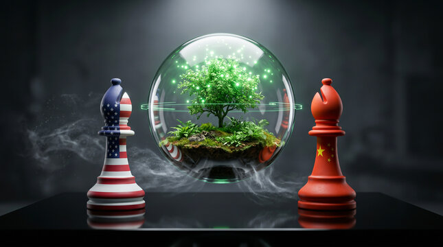 US and China chess bishops surrounding glowing green nature globe