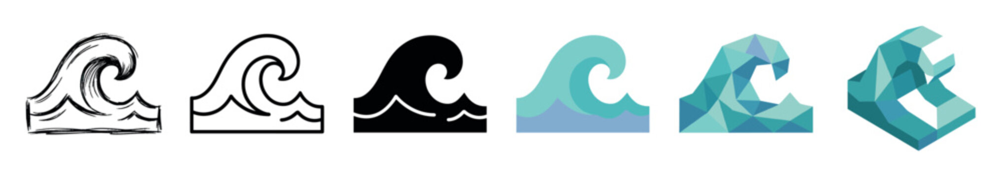 Ocean wave multi style icon set with hand-drawn, outline, solid, flat, low poly, and isometric