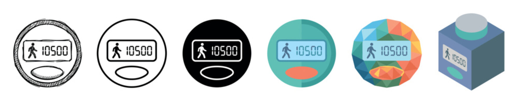 Pedometer step counter device icons showing 10500 steps multi style icon set with sketch, outline, solid, flat, polygonal, and isometric designs
