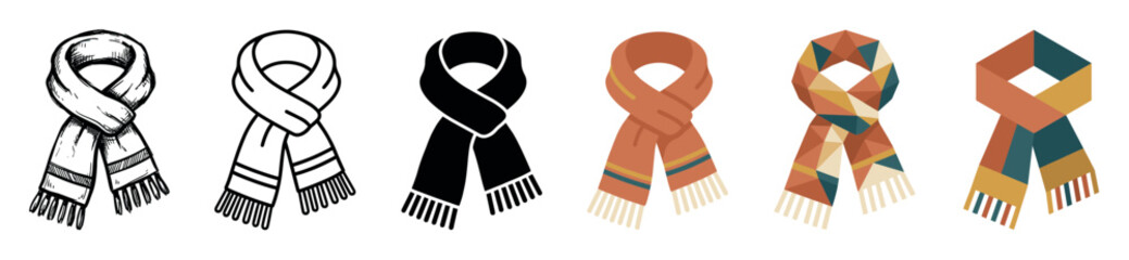 Obraz premium Winter scarf clothing accessory multi style icon set with hand-drawn, outline, solid, flat, polygonal, and isometric styles
