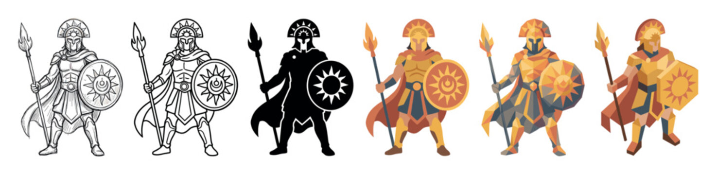 Ancient warrior character holding spear and shield with sun emblem in various art styles set