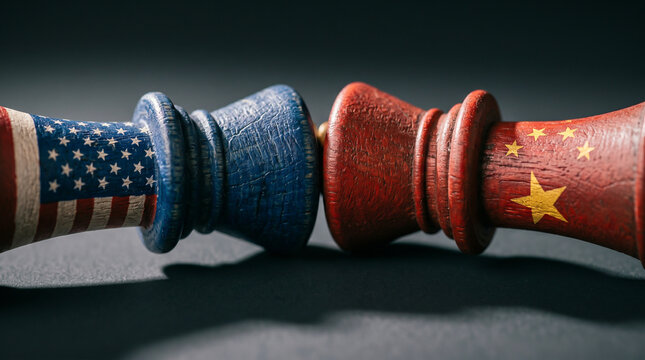 US and China flag chess pieces clashing in dramatic light