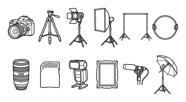 Photography and videography equipment line art icons collection illustrating various tools used in professional photo and video production.