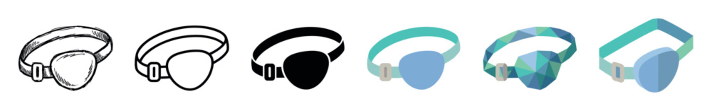 Eye patch medical accessory multi style icon set with doodle, outline, solid, flat, low poly, and isometric