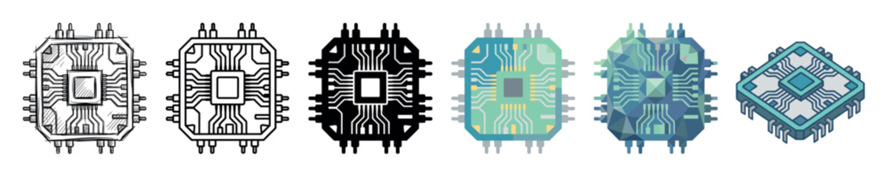 Microchip processor computer circuit multi style icon set with sketch, outline, solid, flat, low poly, and isometric styles