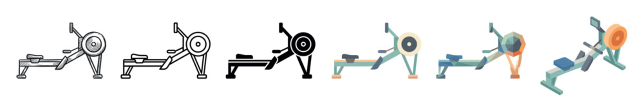 Rowing machine fitness equipment multi style icon set with sketch, outline, glyph, flat, polygonal, and isometric designs for gym and exercise concepts